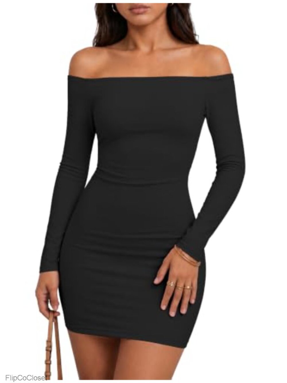 Off Shoulder Bodycon Mini Dress Long Sleeve Stretchy Cocktail